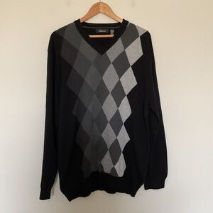 NWT Claiborne Mens XL Argyle Diamond Sweater V-Neck 100% Cotton Black Preppy